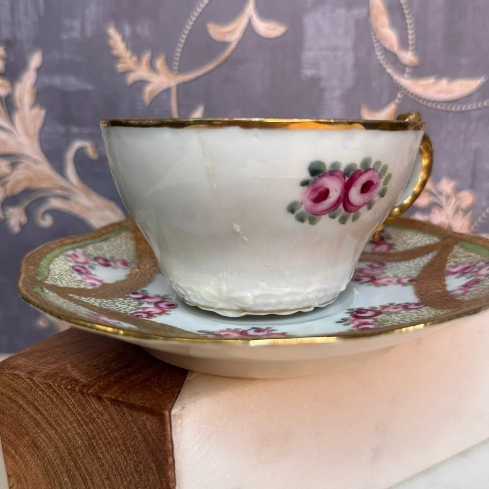 Vintage Estate Nippon Gold and Floral Teacup and Saucer READ